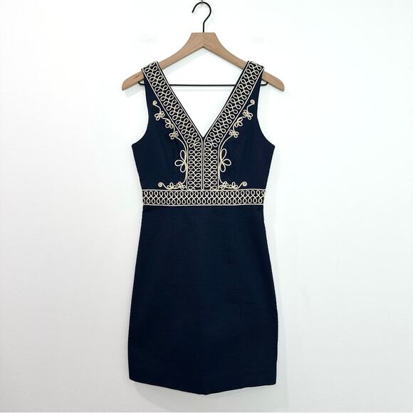 Lilly Pulitzer The Aveline Shift Dress Navy Gold V-Neck size 0 - Picture 1 of 8